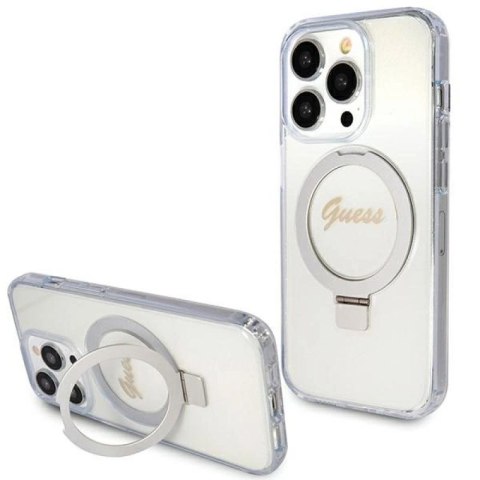Etui Guess Ring Stand Script Glitter MagSafe na iPhone 15 Pro - przezroczyste Guess