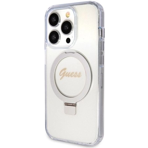 Etui Guess Ring Stand Script Glitter MagSafe na iPhone 15 Pro - przezroczyste Guess
