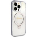 Etui Guess Ring Stand Script Glitter MagSafe na iPhone 15 Pro - przezroczyste Guess