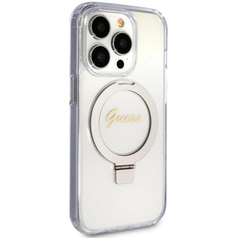 Etui Guess Ring Stand Script Glitter MagSafe na iPhone 15 Pro - przezroczyste Guess