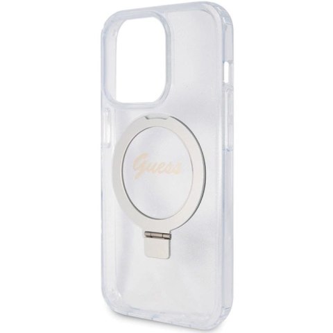 Etui Guess Ring Stand Script Glitter MagSafe na iPhone 15 Pro - przezroczyste Guess