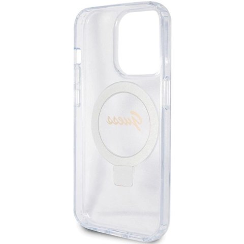 Etui Guess Ring Stand Script Glitter MagSafe na iPhone 15 Pro - przezroczyste Guess