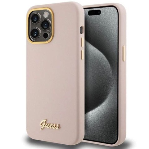 Etui Guess Silicone Script Metal Logo & Frame na iPhone 15 Pro - różowe Guess