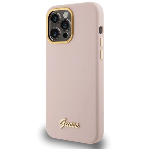 Etui Guess Silicone Script Metal Logo & Frame na iPhone 15 Pro - różowe Guess