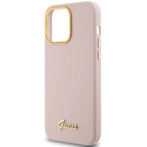 Etui Guess Silicone Script Metal Logo & Frame na iPhone 15 Pro - różowe Guess