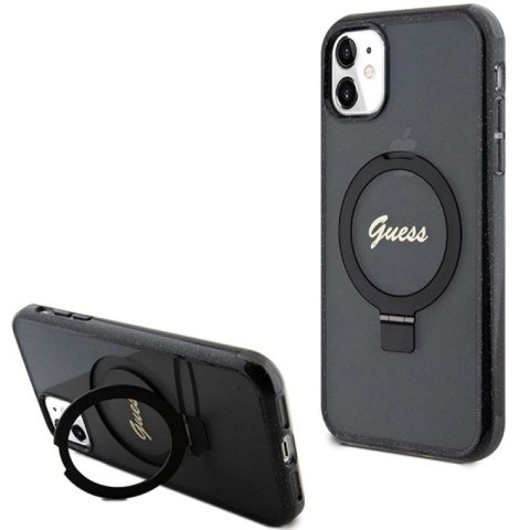 Etui Guess Ring Stand Script Glitter MagSafe na iPhone 11 / Xr - czarne Guess