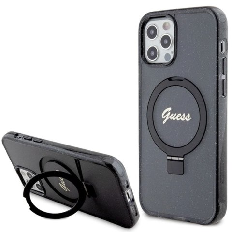 Etui Guess Ring Stand Script Glitter MagSafe na iPhone 12/12 Pro - czarne Guess