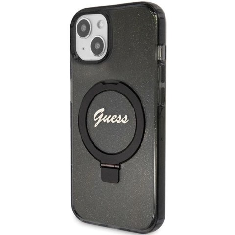 Etui Guess Ring Stand Script Glitter MagSafe na iPhone 13 / 14 / 15 - czarne Guess