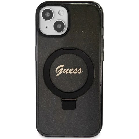 Etui Guess Ring Stand Script Glitter MagSafe na iPhone 13 / 14 / 15 - czarne Guess