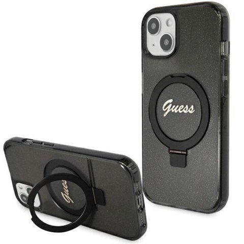 Etui Guess Ring Stand Script Glitter MagSafe na iPhone 14 / 15 / 13 - czarne Guess