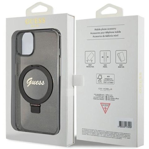 Etui Guess Ring Stand Script Glitter MagSafe na iPhone 14 / 15 / 13 - czarne Guess