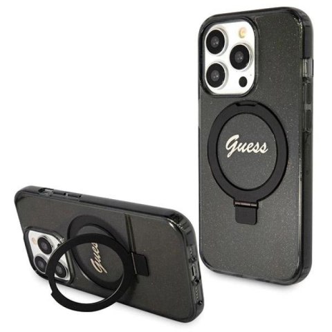 Etui Guess Ring Stand Script Glitter MagSafe na iPhone 14 Pro Max - czarne Guess