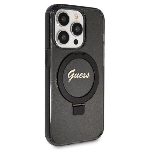 Etui Guess Ring Stand Script Glitter MagSafe na iPhone 14 Pro Max - czarne Guess