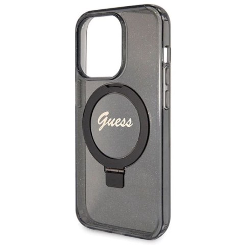 Etui Guess Ring Stand Script Glitter MagSafe na iPhone 14 Pro Max - czarne Guess