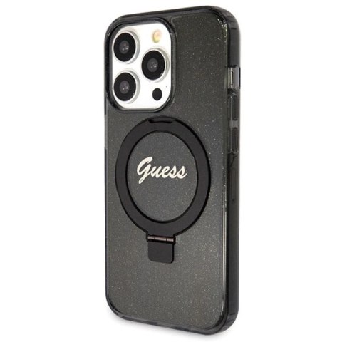 Etui Guess Ring Stand Script Glitter MagSafe na iPhone 14 Pro - czarne Guess