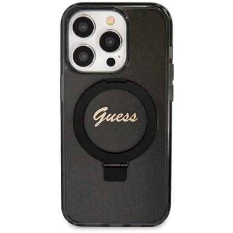 Etui Guess Ring Stand Script Glitter MagSafe na iPhone 14 Pro - czarne Guess
