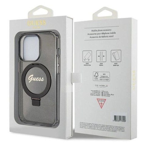 Etui Guess Ring Stand Script Glitter MagSafe na iPhone 14 Pro - czarne Guess