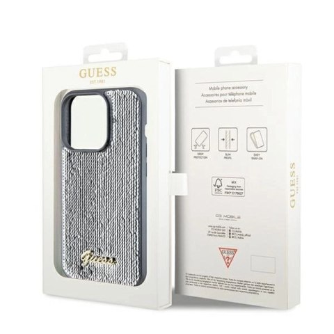 Etui Guess Sequin Script Metal na iPhone 14 Pro - srebrne Guess