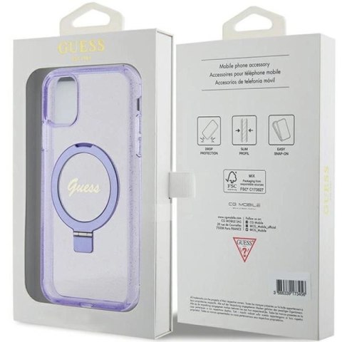 Etui Guess Ring Stand Script Glitter MagSafe na iPhone 11 / Xr - fioletowe Guess