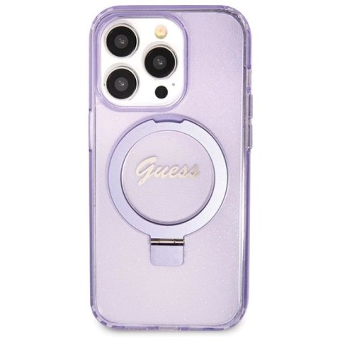 Etui Guess Ring Stand Script Glitter MagSafe na iPhone 14 Pro Max - fioletowe Guess