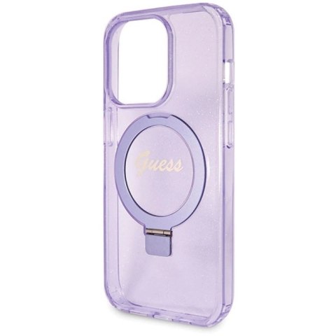 Etui Guess Ring Stand Script Glitter MagSafe na iPhone 14 Pro Max - fioletowe Guess