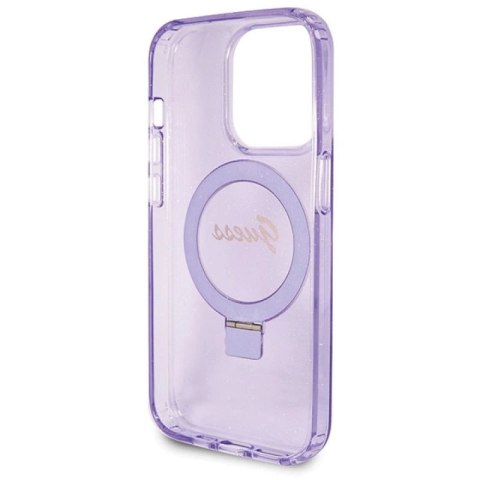 Etui Guess Ring Stand Script Glitter MagSafe na iPhone 14 Pro Max - fioletowe Guess