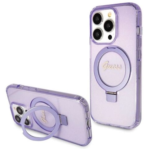 Etui Guess Ring Stand Script Glitter MagSafe na iPhone 14 Pro - fioletowe Guess