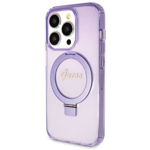 Etui Guess Ring Stand Script Glitter MagSafe na iPhone 14 Pro - fioletowe Guess