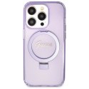 Etui Guess Ring Stand Script Glitter MagSafe na iPhone 14 Pro - fioletowe Guess