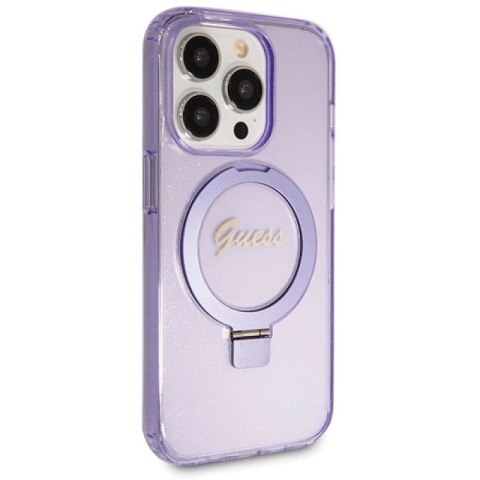 Etui Guess Ring Stand Script Glitter MagSafe na iPhone 14 Pro - fioletowe Guess