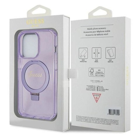 Etui Guess Ring Stand Script Glitter MagSafe na iPhone 14 Pro - fioletowe Guess