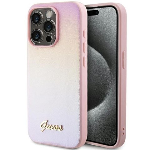 Etui Guess Saffiano Iridescent Script na iPhone 14 Pro Max - różowe Guess