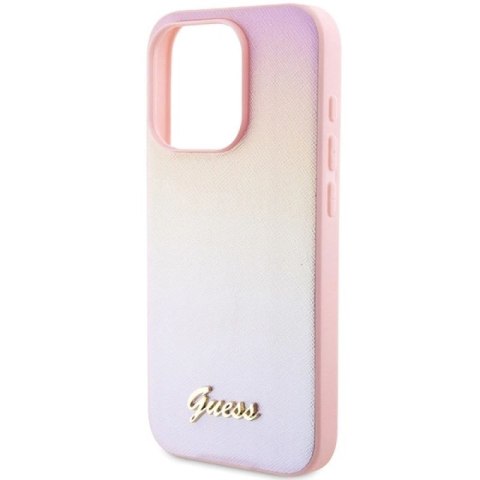 Etui Guess Saffiano Iridescent Script na iPhone 14 Pro - różowe Guess