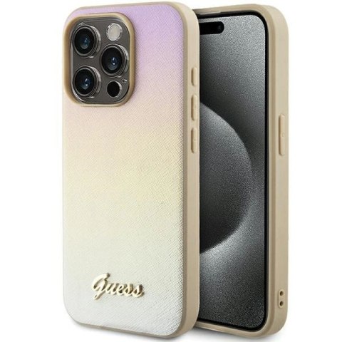 Etui Guess Saffiano Iridescent Script na iPhone 14 Pro - złote Guess