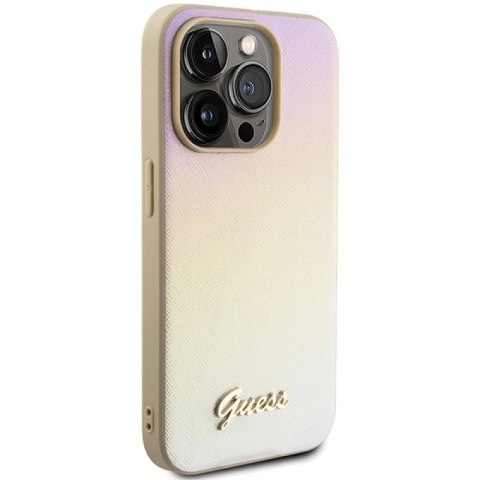 Etui Guess Saffiano Iridescent Script na iPhone 14 Pro - złote Guess