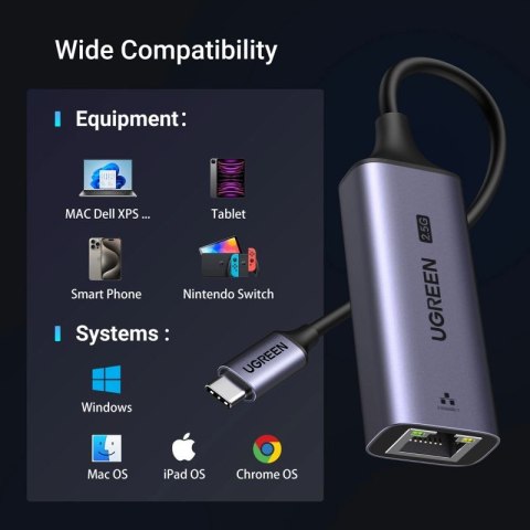 Adapter Ugreen CM648 USB-C do RJ45 Ethernet 2.5G - szary UGREEN
