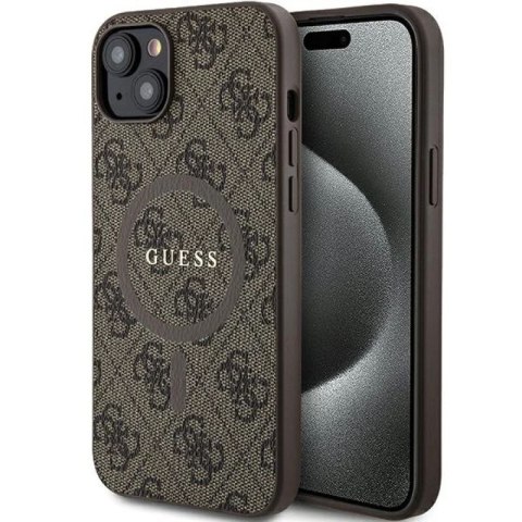 Etui Guess 4G Collection Leather Metal Logo MagSafe na iPhone 15 Plus / 14 Plus - brązowe Guess