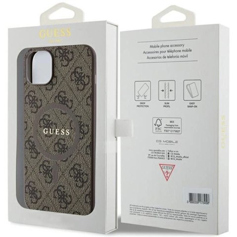 Etui Guess 4G Collection Leather Metal Logo MagSafe na iPhone 15 Plus / 14 Plus - brązowe Guess