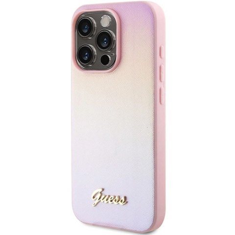 Etui Guess Saffiano Iridescent Script na iPhone 15 Pro - różowe Guess