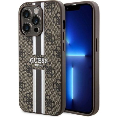 Etui Guess 4G Printed Stripes MagSafe na iPhone 15 Pro - brązowe Guess
