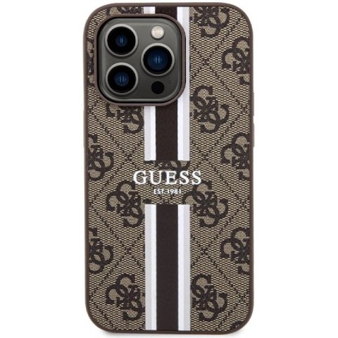 Etui Guess 4G Printed Stripes MagSafe na iPhone 15 Pro - brązowe Guess