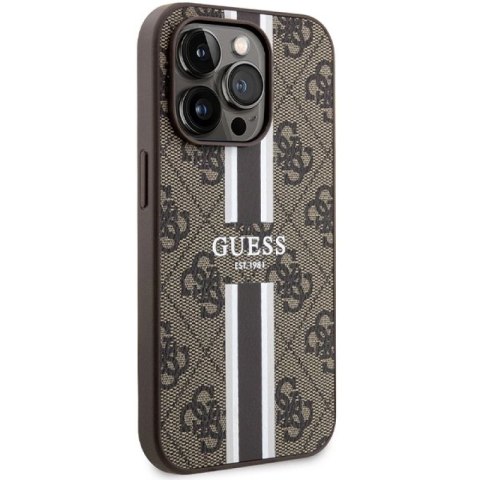 Etui Guess 4G Printed Stripes MagSafe na iPhone 15 Pro - brązowe Guess