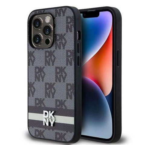 Etui DKNY Leather Checkered Mono Pattern & Printed Stripes na iPhone 14 Pro - czarne DKNY