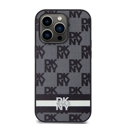 Etui DKNY Leather Checkered Mono Pattern & Printed Stripes na iPhone 14 Pro - czarne DKNY