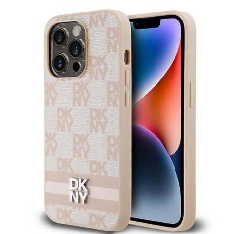 Etui DKNY Leather Checkered Mono Pattern & Printed Stripes na iPhone 14 Pro - różowe DKNY