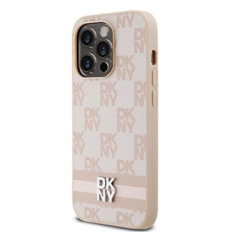 Etui DKNY Leather Checkered Mono Pattern & Printed Stripes na iPhone 14 Pro - różowe DKNY