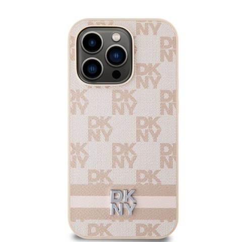 Etui DKNY Leather Checkered Mono Pattern & Printed Stripes na iPhone 14 Pro - różowe DKNY