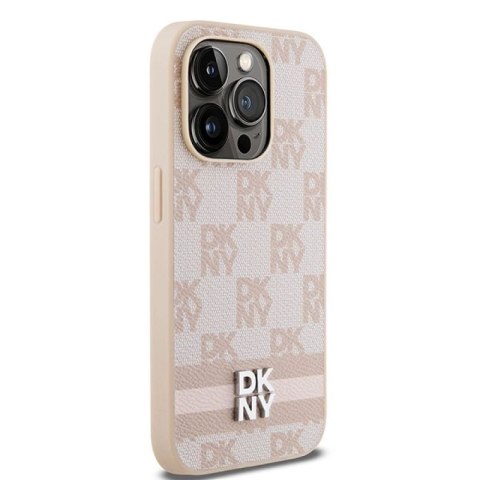 Etui DKNY Leather Checkered Mono Pattern & Printed Stripes na iPhone 14 Pro - różowe DKNY