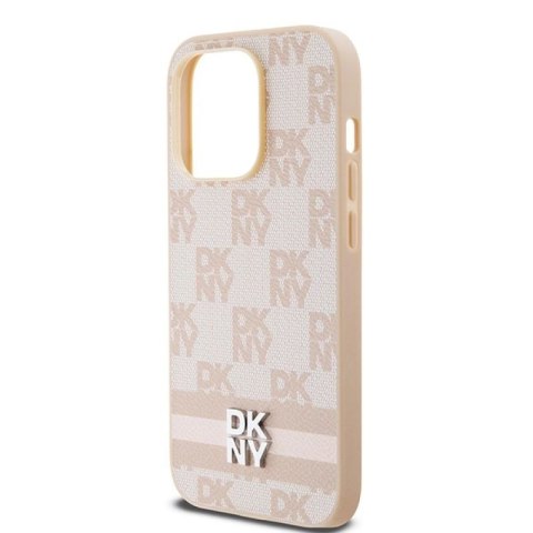 Etui DKNY Leather Checkered Mono Pattern & Printed Stripes na iPhone 14 Pro - różowe DKNY