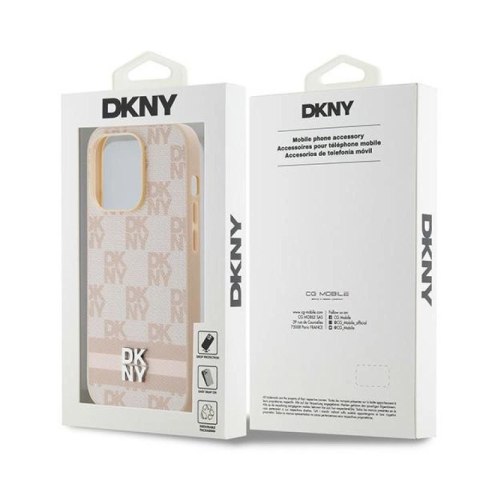 Etui DKNY Leather Checkered Mono Pattern & Printed Stripes na iPhone 14 Pro - różowe DKNY